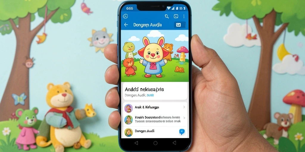 Antarmuka aplikasi Dongeng Audio yang cerah dan menarik.