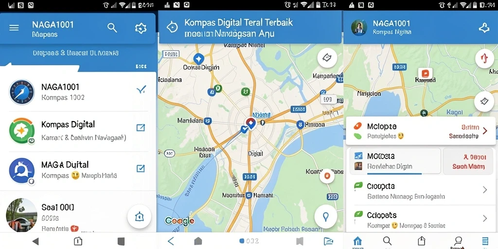 Antarmuka aplikasi NAGA1001 yang menampilkan kompas digital dan fitur navigasi.